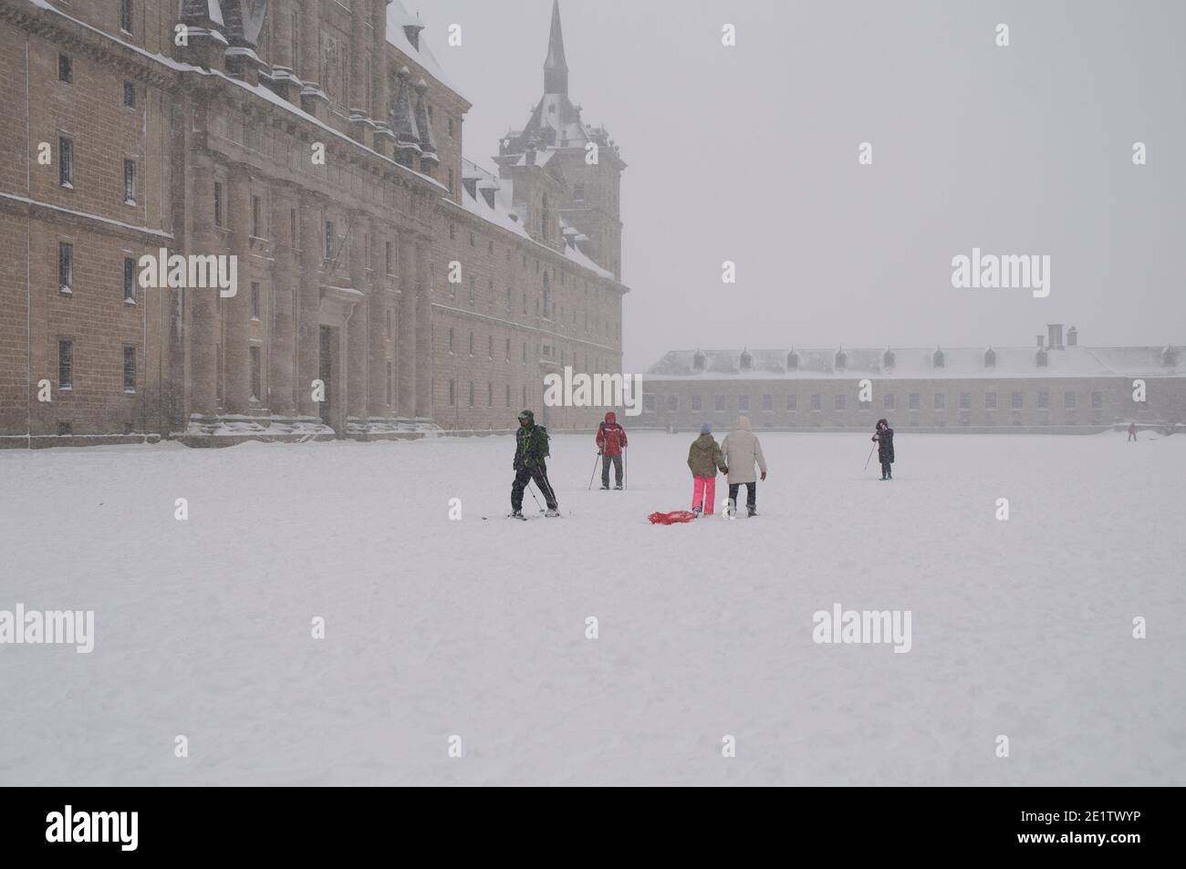 Giornata della neve a San Lorenzo de El Escorial, Madrid. Foto Stock