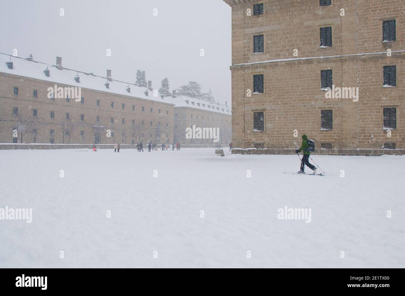 Giornata della neve a San Lorenzo de El Escorial, Madrid. Foto Stock