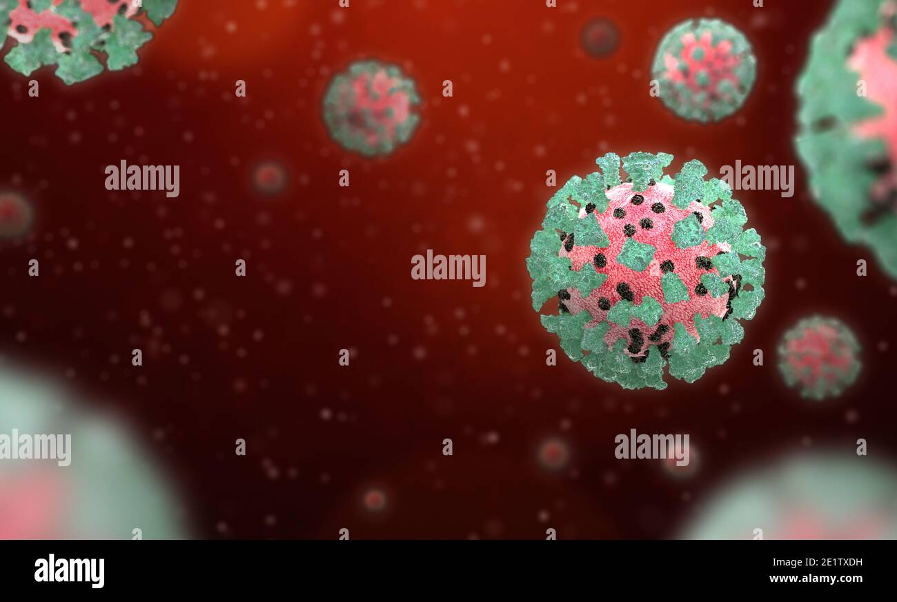Coronavirus, Covid-19, illustrazione di immagini 3d, vista microscopica di cellule virali flottanti. Influenza, 2019 ncov. Concetto di pandemia, epidemia Foto Stock