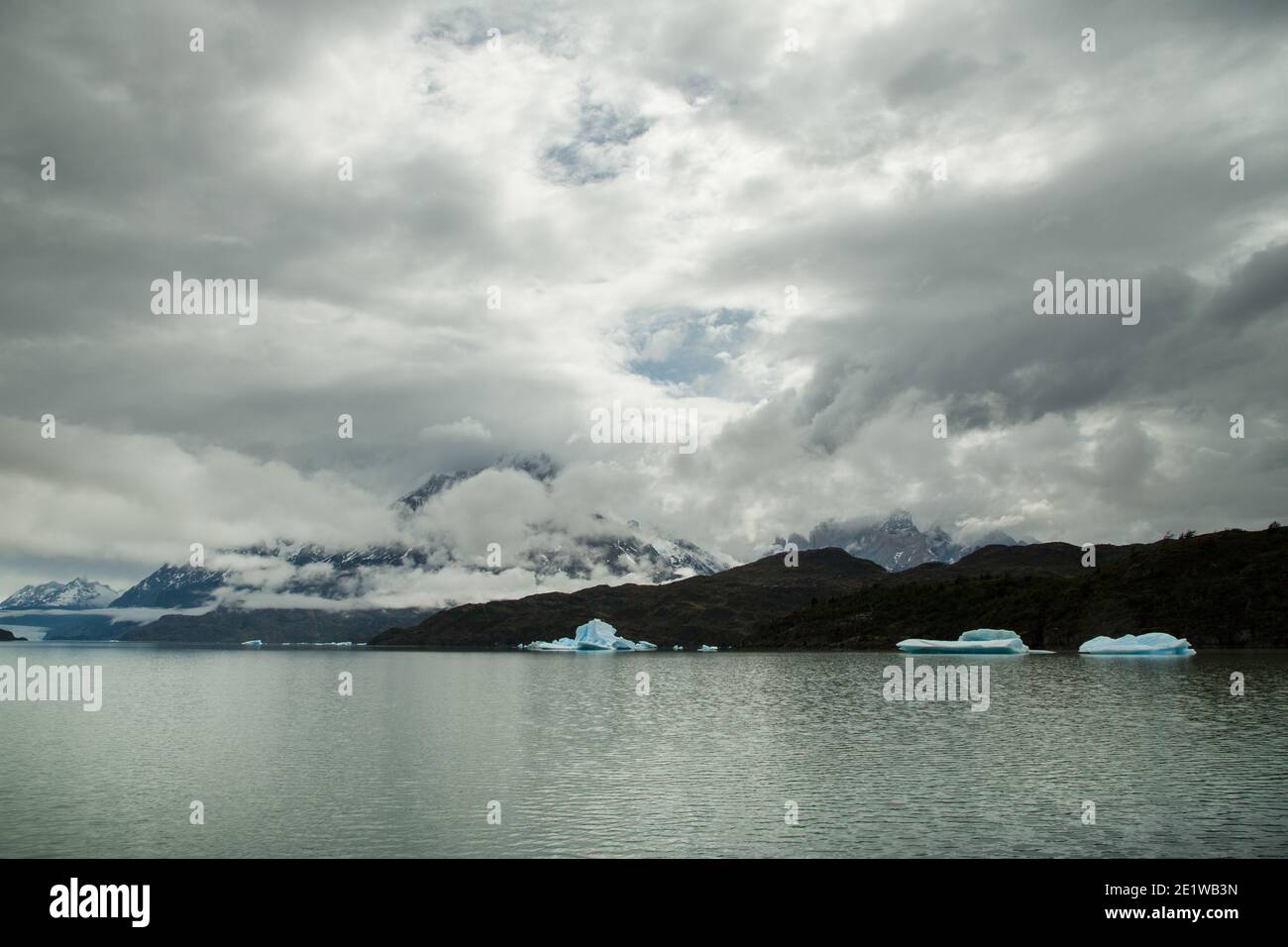 Gli iceberg calati dal Glacier Grey galleggiano nelle acque del Lago Grey, del Parco Nazionale Torres del Paine, Patagonia, Cile Foto Stock