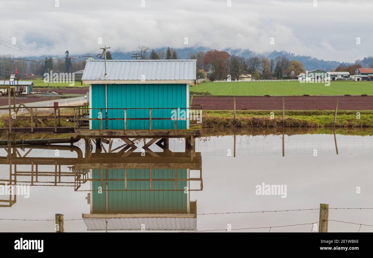 Vista della verde boathouse sull'acqua con riflesso. Foto di viaggio, vista sulla strada, messa a fuoco selettiva. Foto Stock