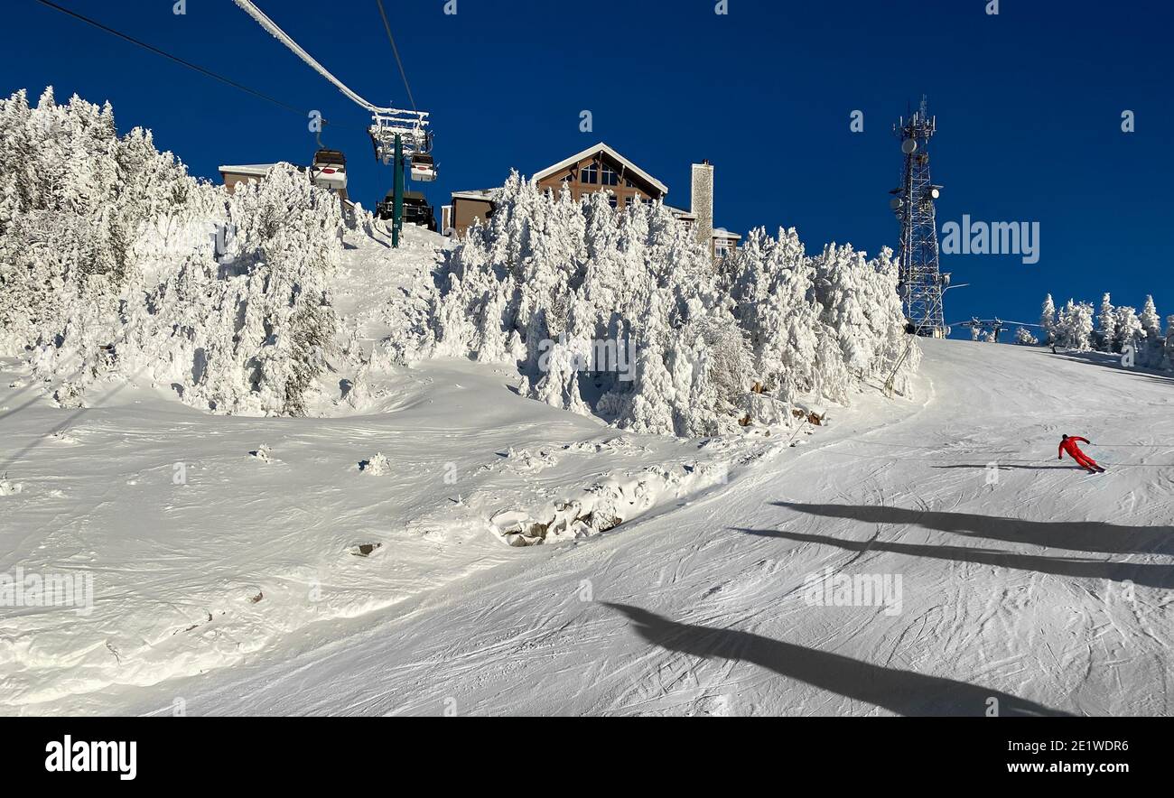 Monte Tremblant cima con alberi ghiacciati nevosi Quebec, Canada Foto Stock