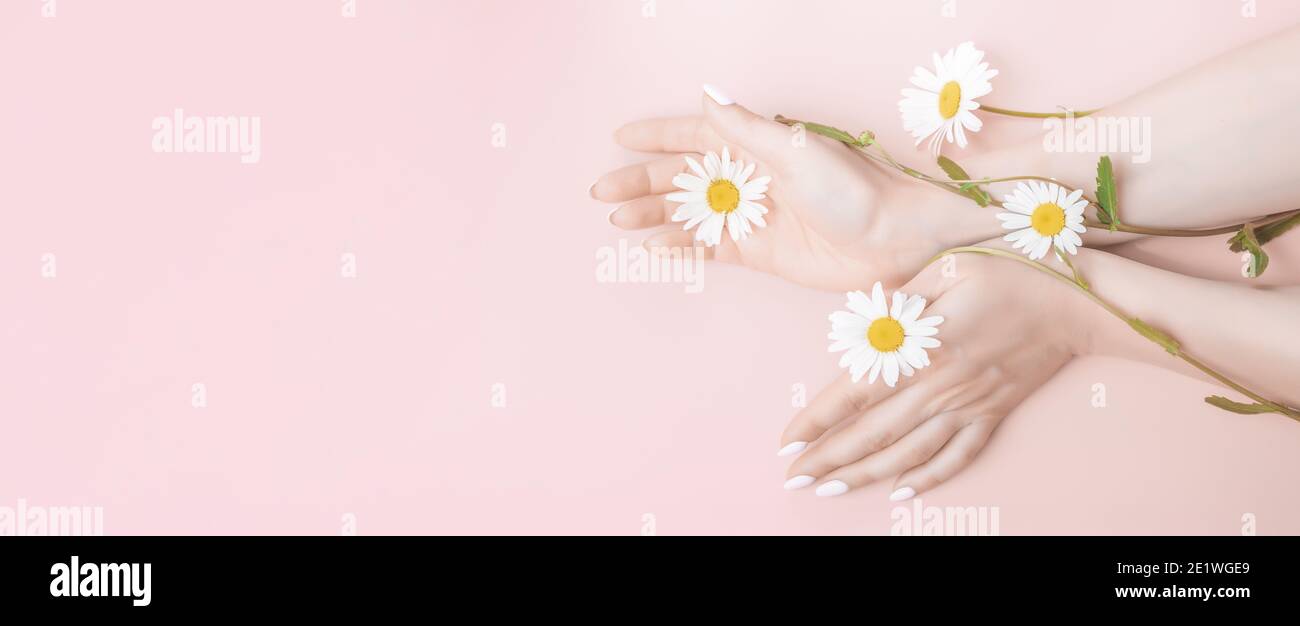 donne mani con fiori. Cosmetici naturali di bellezza mani con estratto di fiori, prodotto. Estate Moda donna mano sul tavolo con fiore, cura della pelle. G Foto Stock