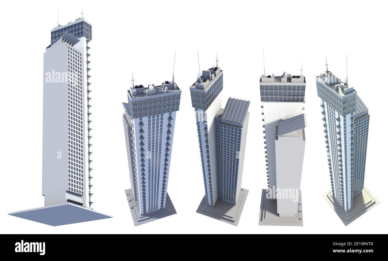 Set di 5 rendering di grattacieli aziendali dal design immaginario, torri viventi con riflessi del cielo - isolato su bianco, vista dall'alto, illustrazione 3d di grattacieli Foto Stock