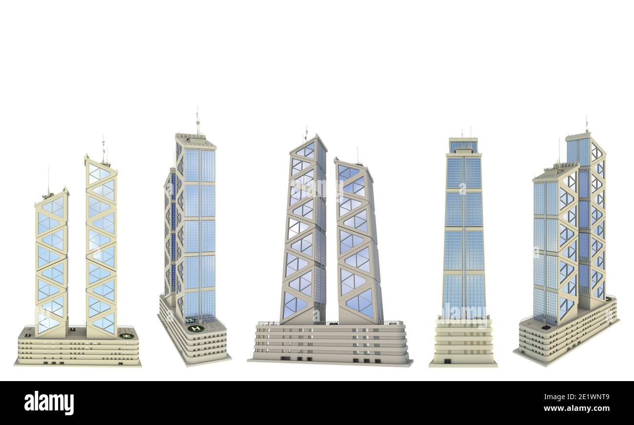 5 viste laterali rendering di disegno fittizio edifici alti astratti con due torri con riflessi del cielo - isolato su bianco, illustrazione 3d del grattacielo Foto Stock