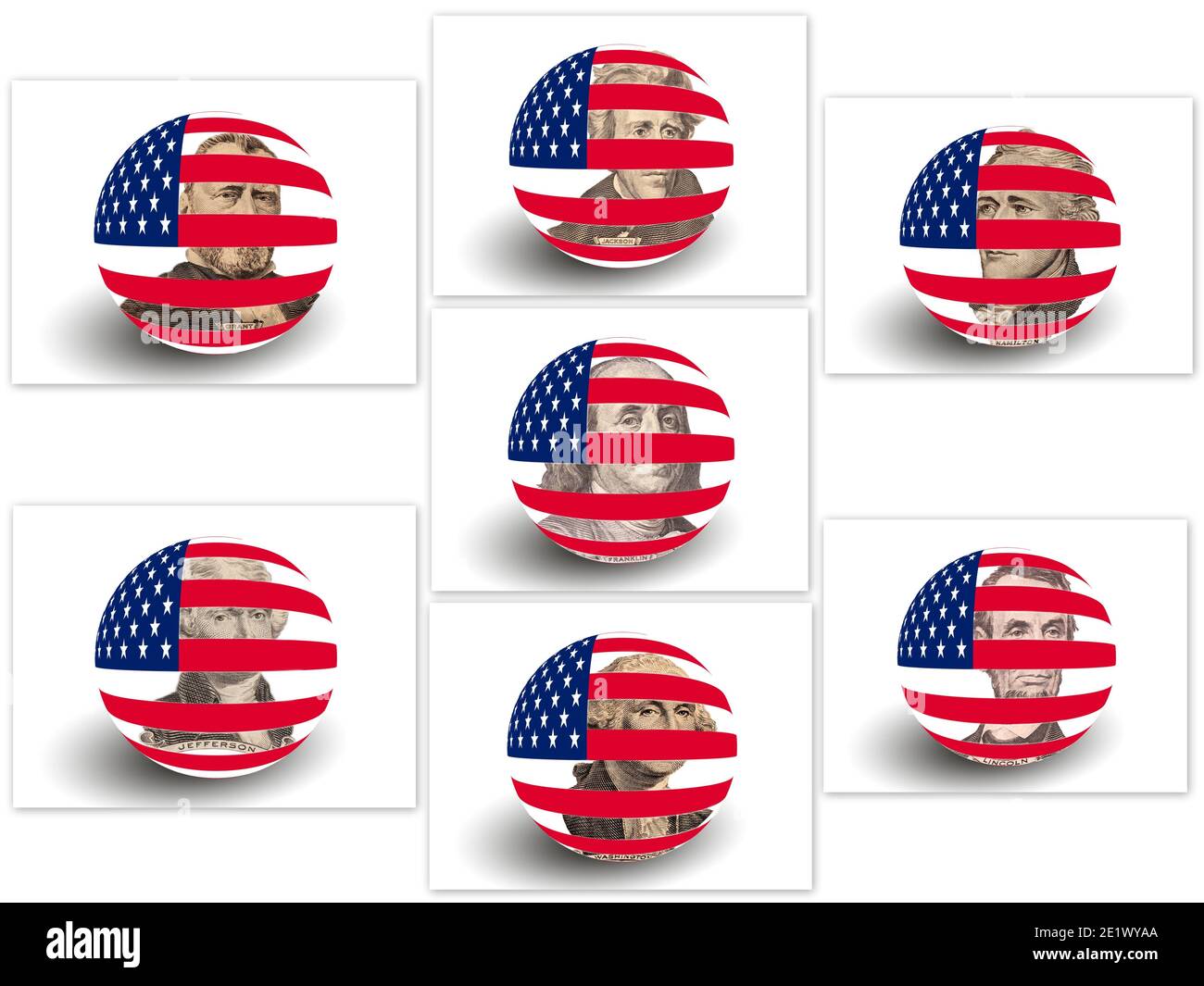 Ritratto dei presidenti degli Stati Uniti con la bandiera degli Stati Uniti Globe.Collage. Foto Stock