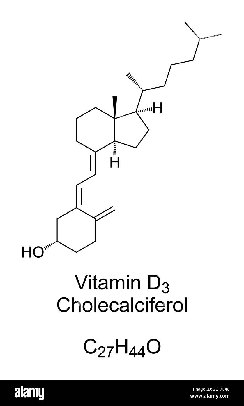 Vitamina D3, colecalciferolo, struttura chimica e formula scheletrica.  Fatto dalla pelle alla luce del sole, trovato in alcuni alimenti Foto stock  - Alamy