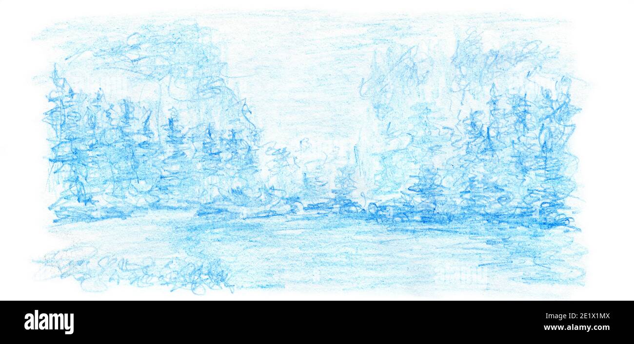 Disegno a mano a matita con paesaggio blu. Natura fredda Foto Stock