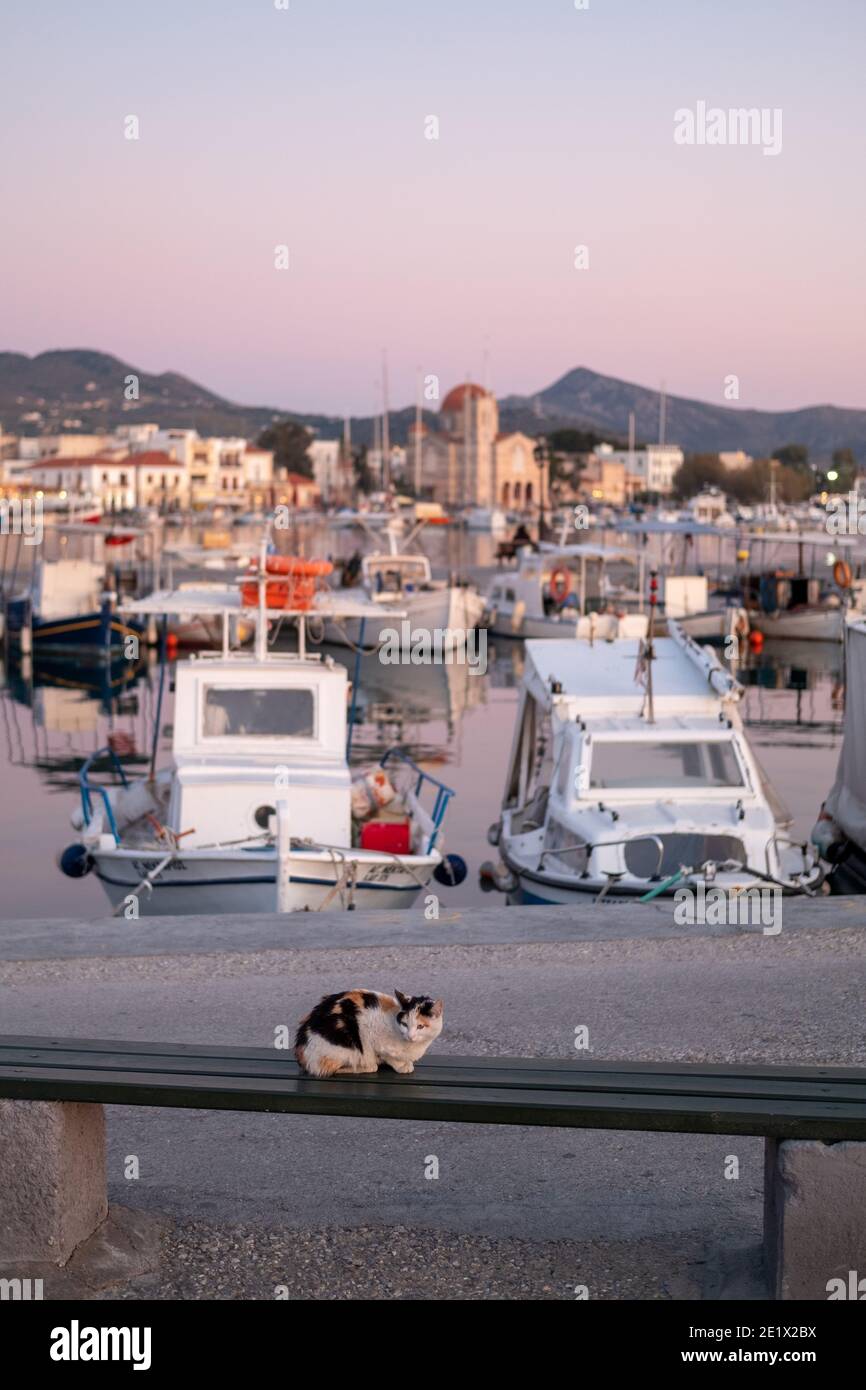 Porto di AEGINA Egina con barche da pesca e edifici rustici dell'isola Saronica vicino Atene, Golfo Saronico, Grecia Foto Stock