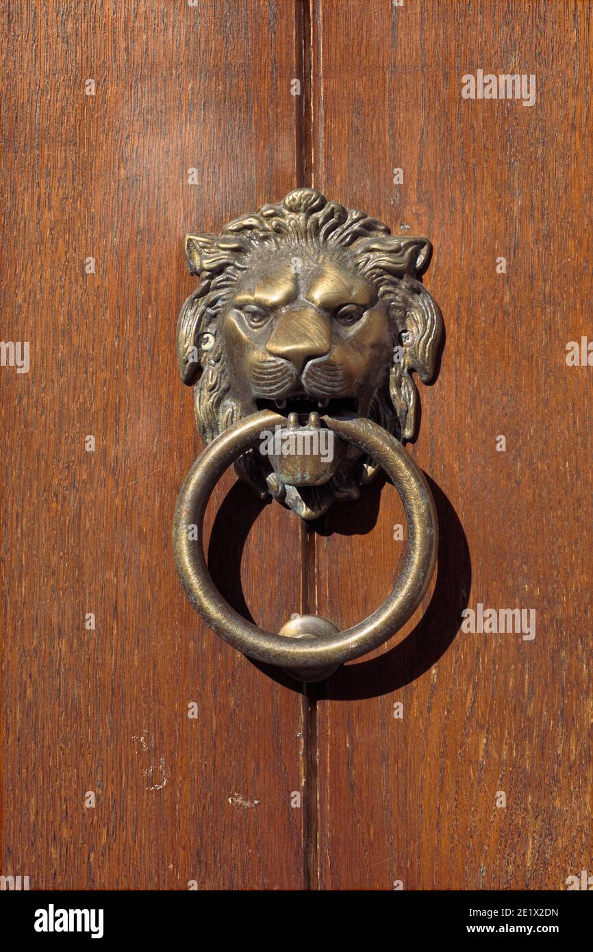 Particolare casa in Sicilia sulla porta un leone testa knocker antico stile testimonianza della cultura siciliana Foto Stock