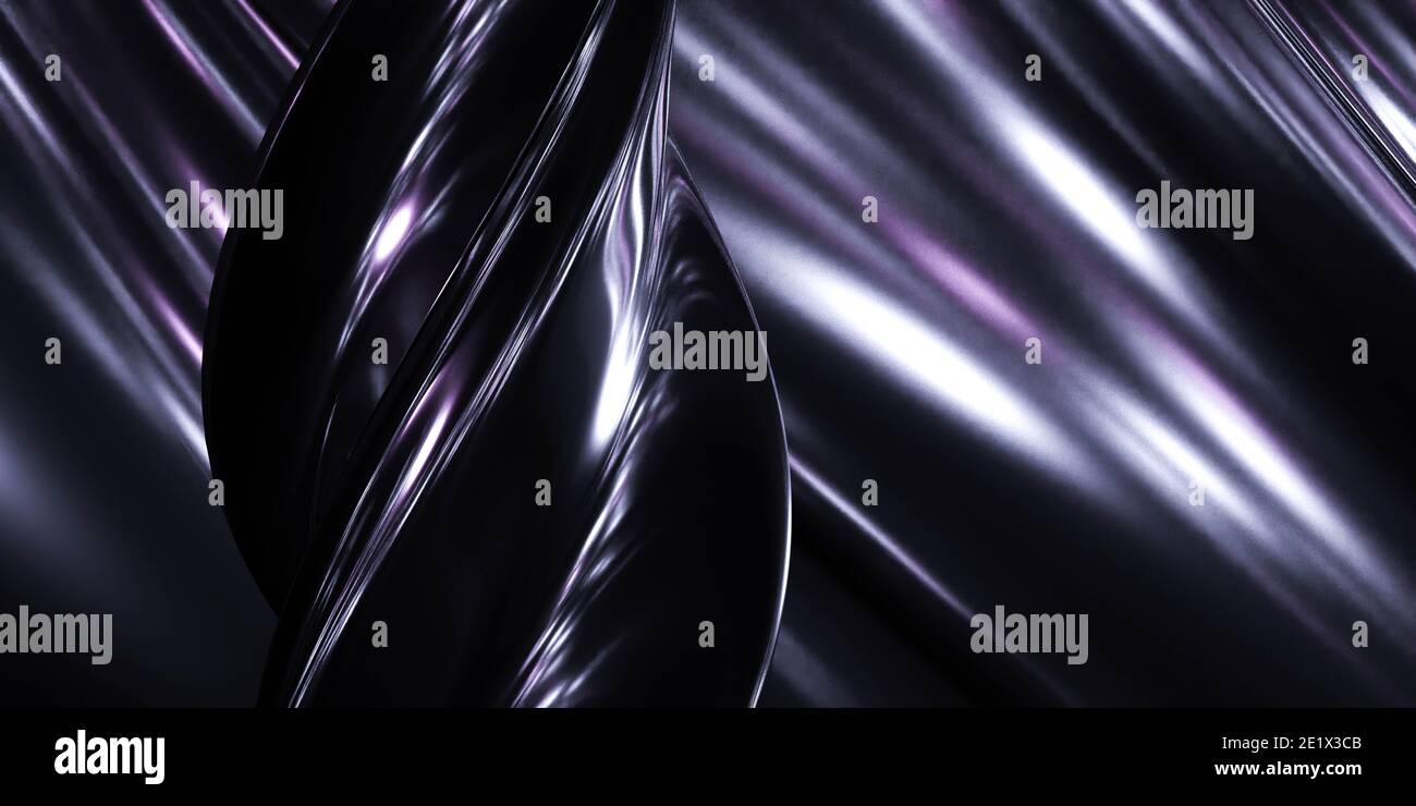 superficie metallica in acciaio cromato nero con forma geometrica curvilinea 3d rendering illustrazione design moderno minimalista Foto Stock