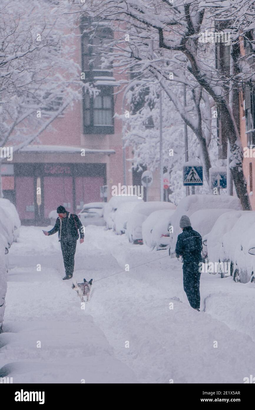 Madrid, Spagna - Gennaio 2021: Due persone e un cane che giocano nel mezzo di una strada bloccata da 30 cm di neve a causa di Filomena Storm Foto Stock