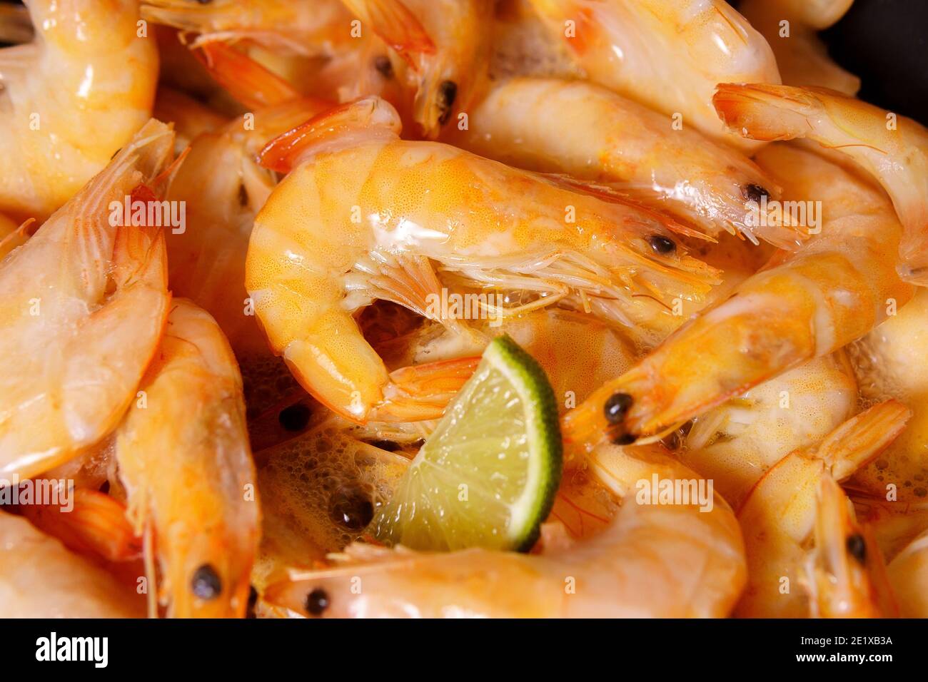 gamberetti rossi con teste sul dolore primo piano in fuoco selettivo. cibo di mare Foto Stock