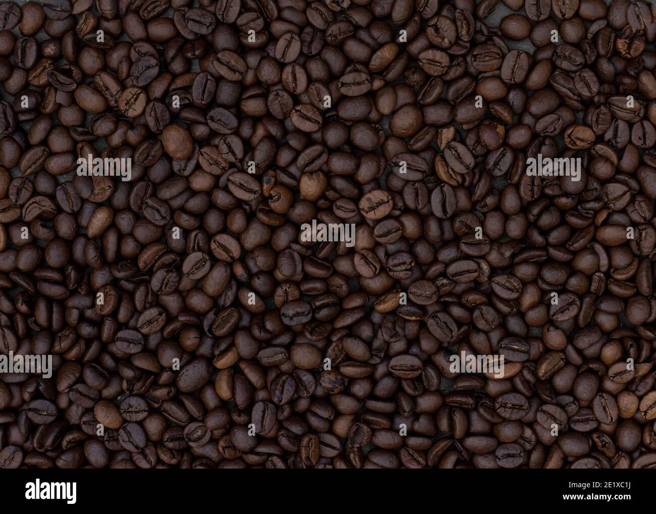 Fagioli di caffè di grandi dimensioni arrostiti al buio. Immagine orizzontale. Foto Stock