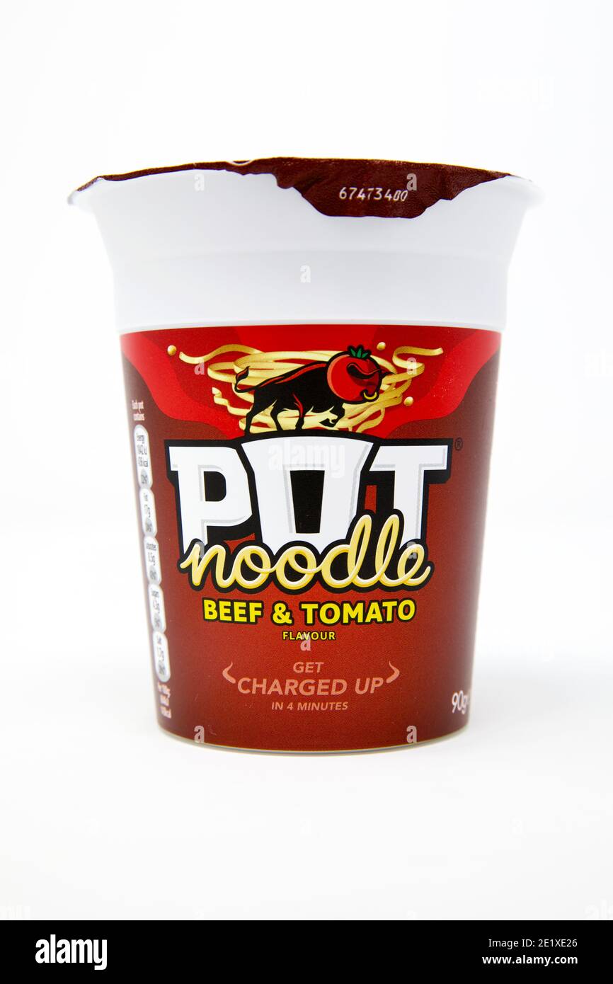 Pot Noodle Beef & Tomato Foto Stock