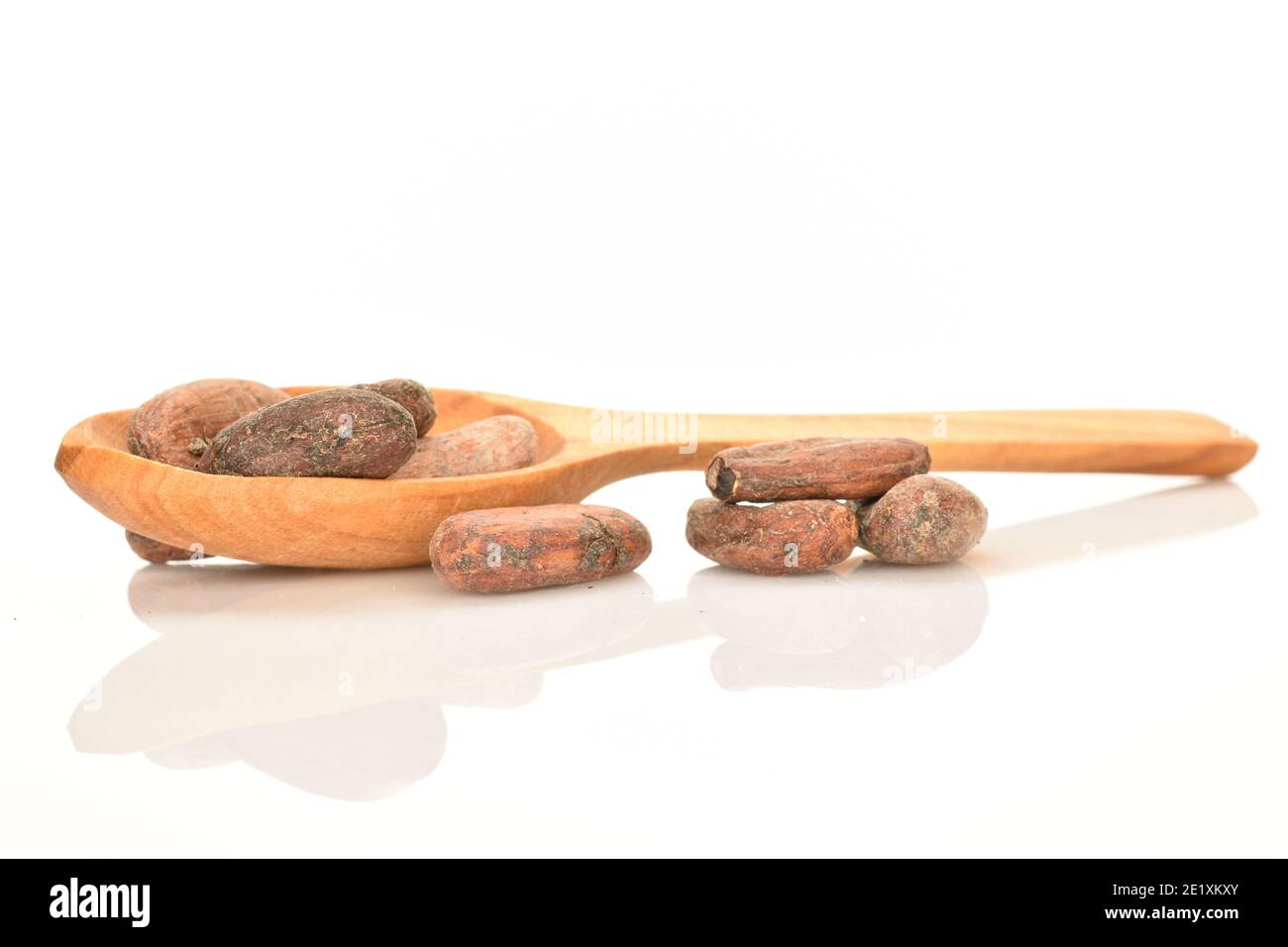 Un sacco di fagioli di cacao interi arrostiti naturali e secchi, di colore marrone organico, su fondo bianco, con un cucchiaio di legno. Foto Stock
