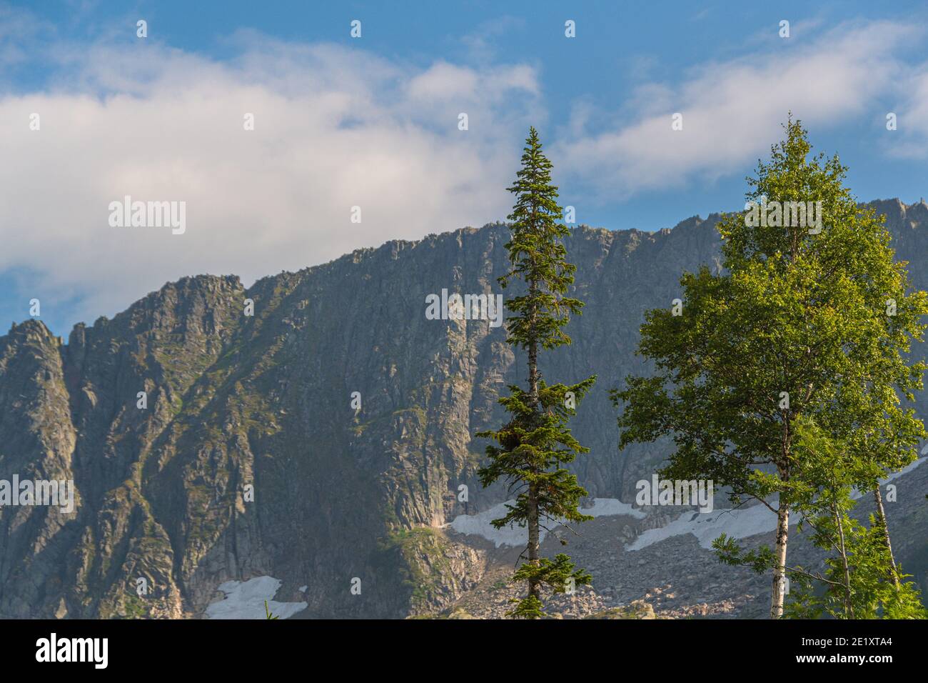 Valle di montagna con cresta di pietra e alberi all'orizzonte. Viaggio attraverso rocce selvatiche in estate. Paesaggio di montagna contro il cielo blu in giornata di sole Foto Stock