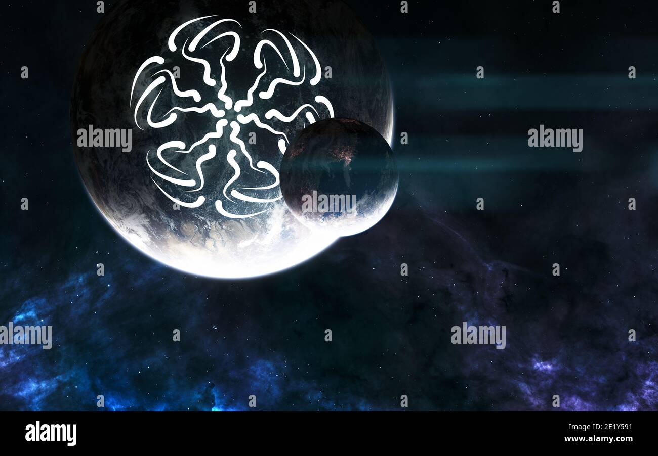 Pianeti di spazio profondo. Strutture luminose sulla superficie del pianeta Foto Stock