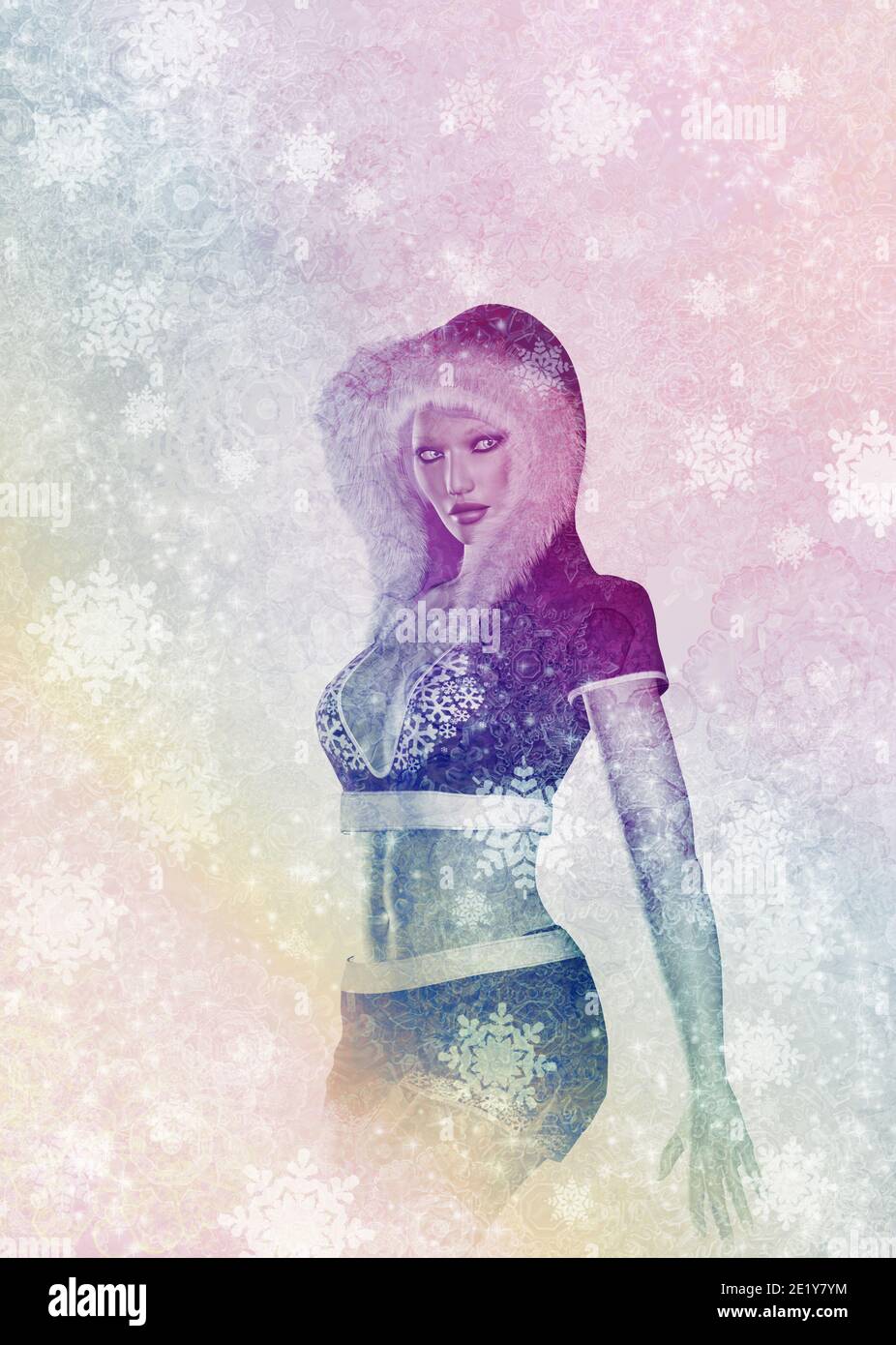 Fantasy 3d reso ritratto ragazza inverno su sfondo morbido con fiocchi di neve, illustrazione digitale. Foto Stock