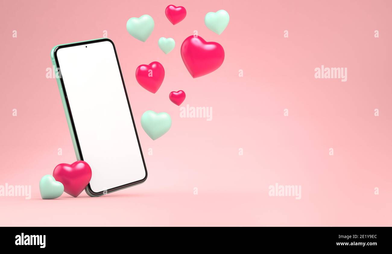 Mockup smartphone con cuori galleggianti e copyspace. Modello giorno di San Valentino nel rendering 3D. Modello vuoto della schermata vuota del telefono cellulare generico. 3D il Foto Stock