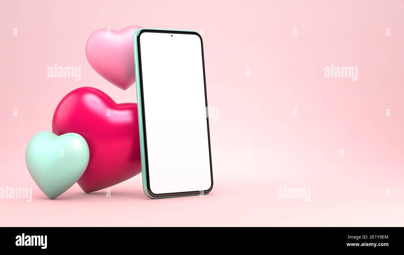 3D rendering cellulare mockup con cuori per giorno San Valentino grande modello di vendita. Immagine 3D dello schermo vuoto di uno smartphone generico su un colore rosa pastello Foto Stock