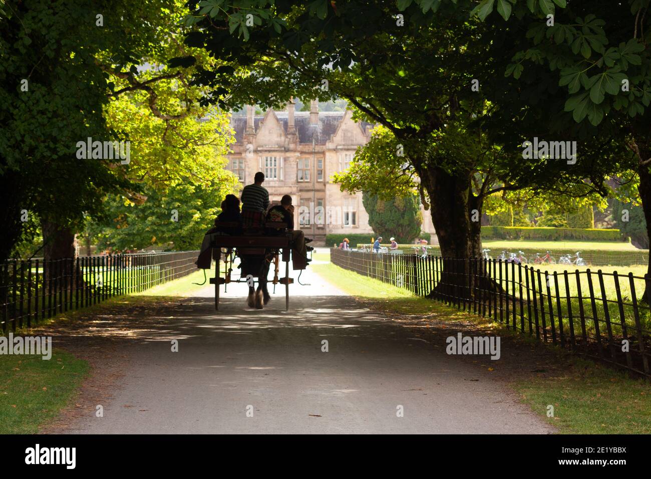 Turisti a cavallo e cart nel parco nazionale di Killarney a Kerry in Irlanda. Foto Stock