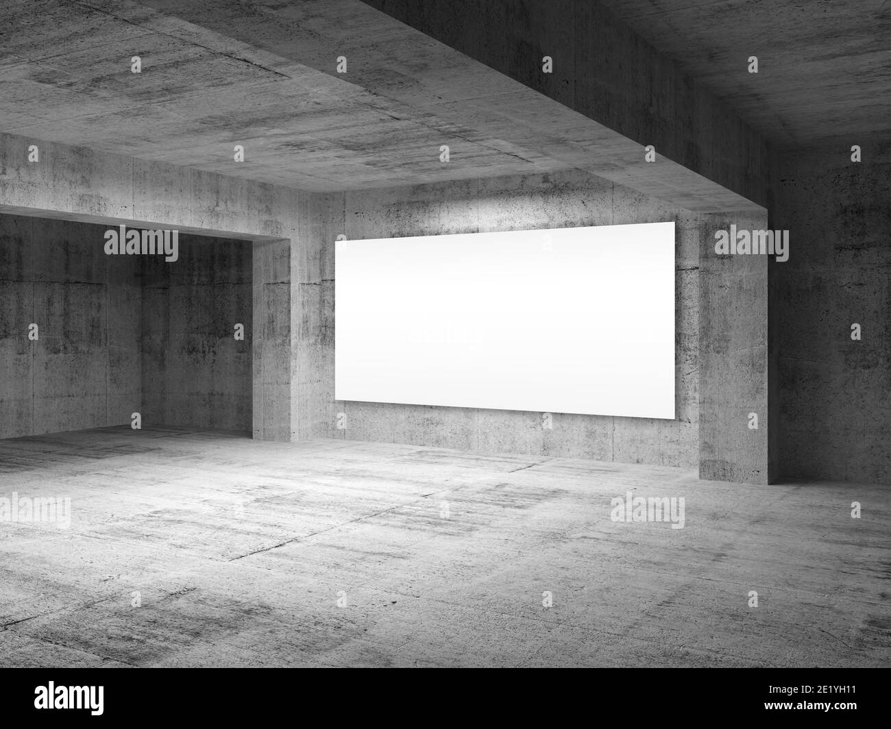 Interno vuoto in cemento con schermo bianco su una parete. illustrazione del rendering 3d Foto Stock