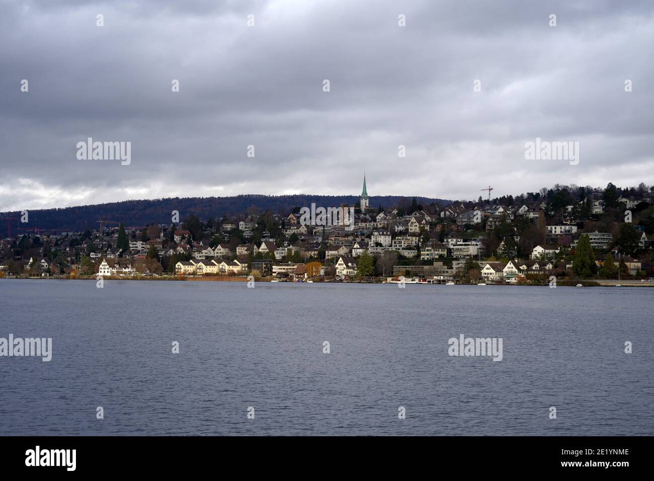 Vista sulla parte della Costa d'Oro sul Lago di Zurigo in Svizzera con il villaggio di Zollikon. Foto scattata dal lago in primo piano. Foto Stock