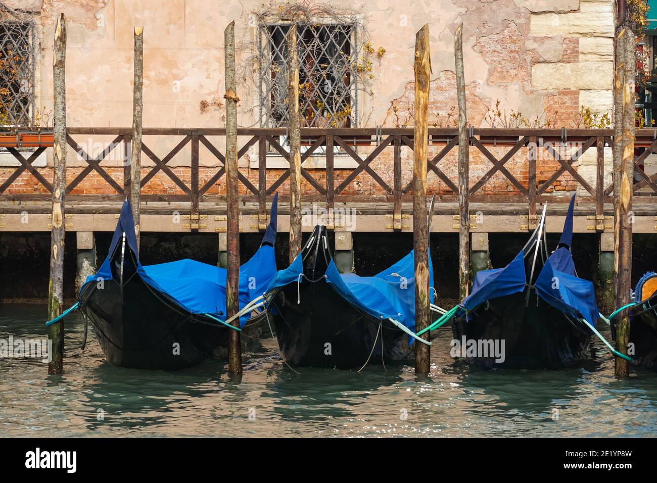 Gondole veneziane tradizionali ormeggiate sul Canal Grande a Venezia, Italia Foto Stock