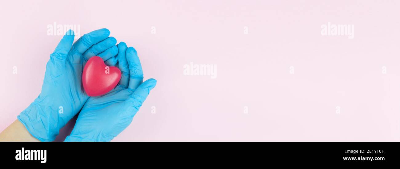 Mani del medico con i guanti medici blu che tengono il cuore rosso, concetto di assicurazione medica. Simbolo del cuore nelle mani di un medico su sfondo rosa Foto Stock