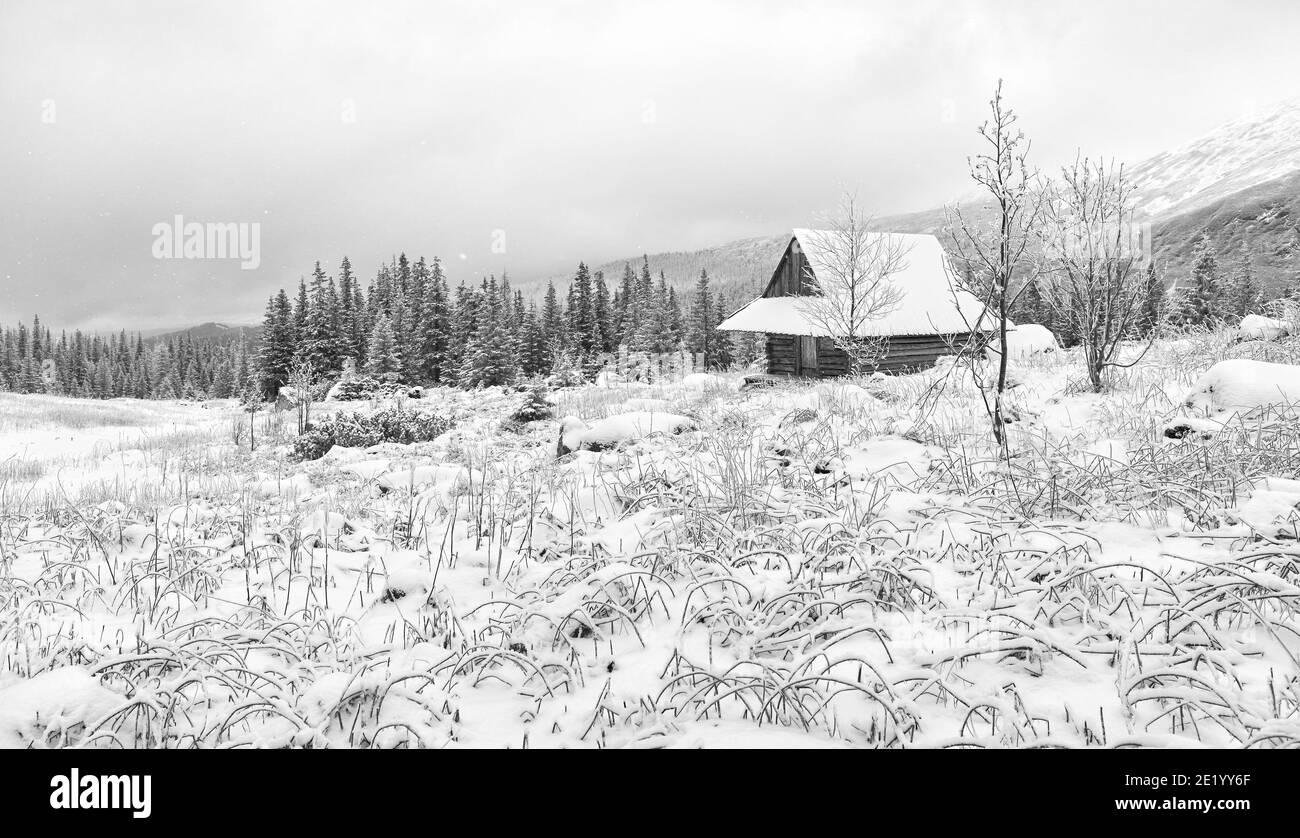 Foto in bianco e nero della Valle di Gasienicowa (Hala Gasienicowa) con capanna di legno durante l'inverno innevato, Monti Tatra, Polonia. Foto Stock