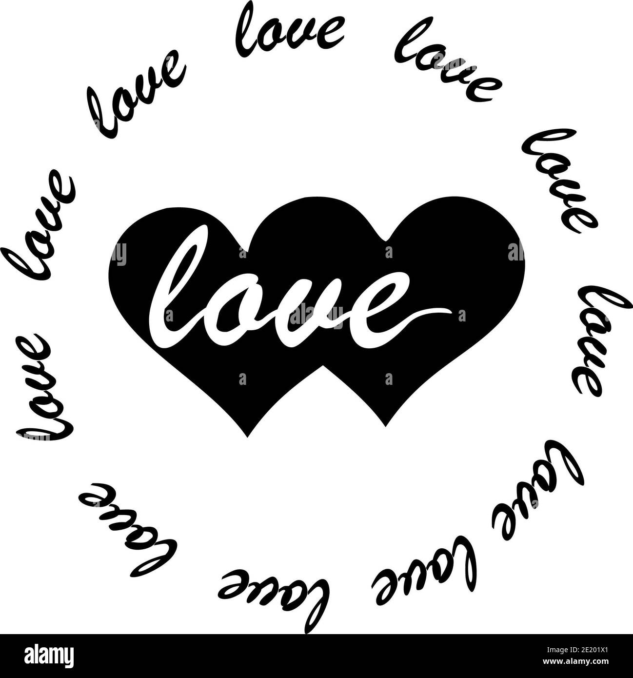 San Valentino Love Circle per la stampa, Love Hearts Vector Love text su sfondo bianco. Illustrazione vettoriale. Foto Stock