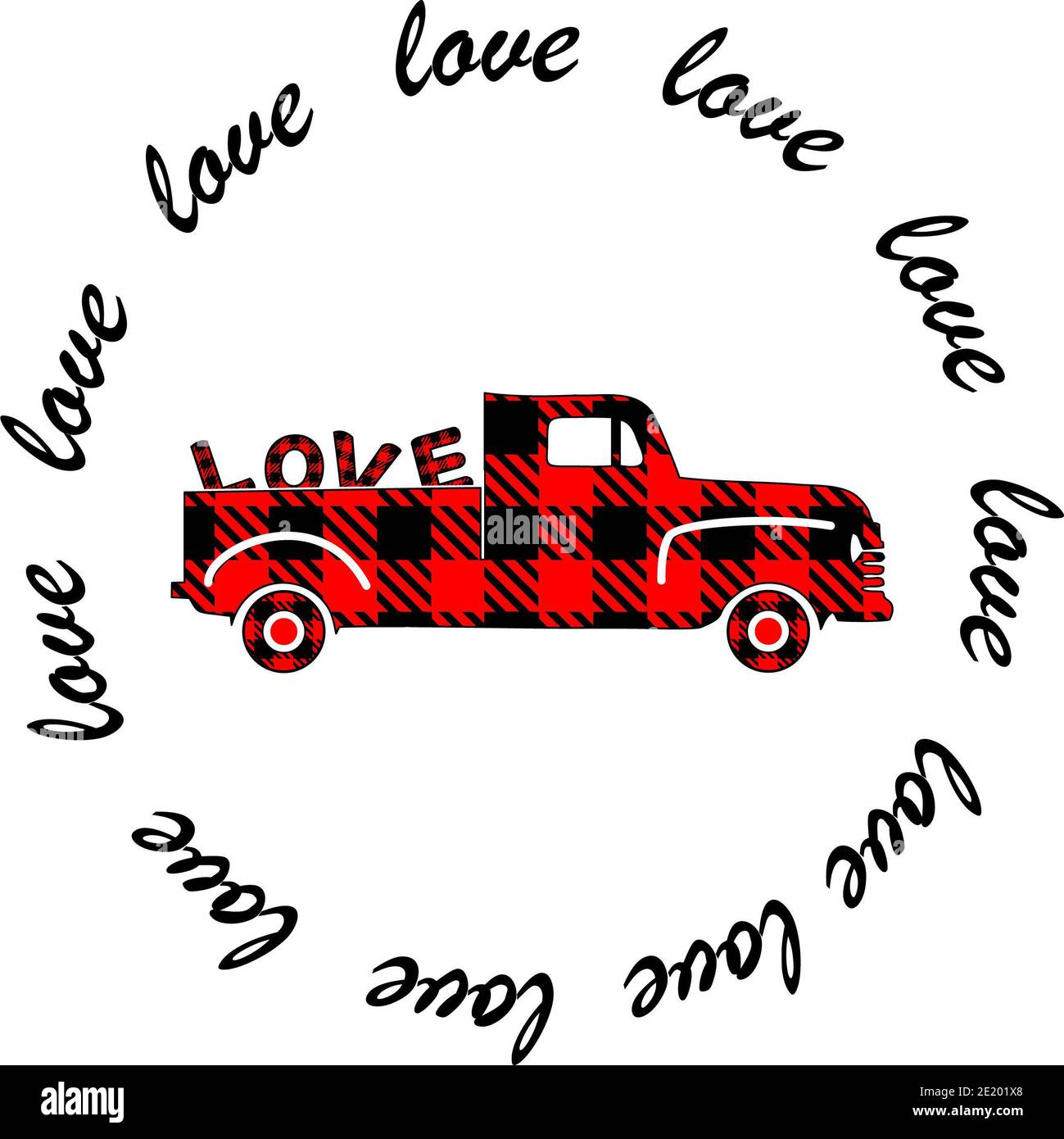 Camioncino Valentines Day Buffalo Plaid su sfondo bianco, illustrazione Vector, adatto per la stampa Foto Stock