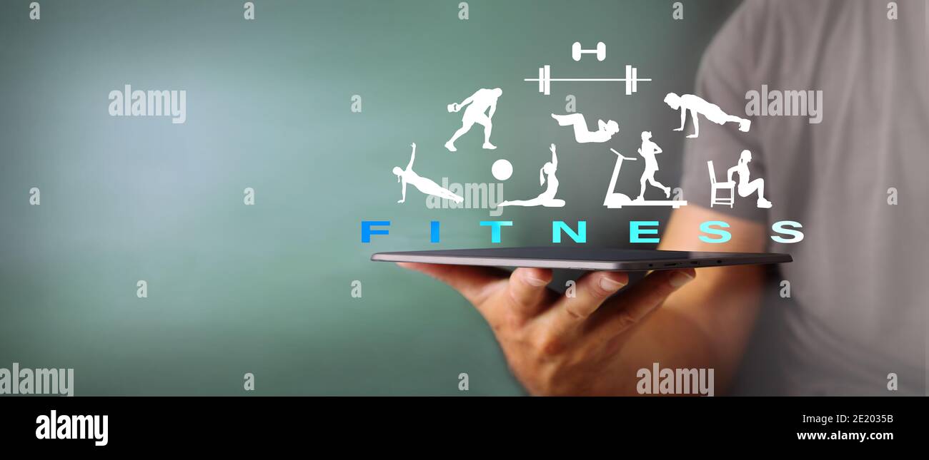 Fitness domestico tramite app Foto Stock