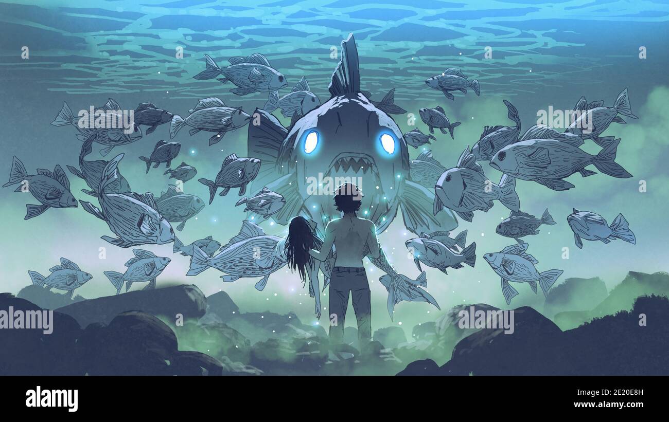 un uomo che tiene una sirena affronta un gruppo di pesci leggendari sotto il mare, stile arte digitale, pittura di illustrazione Foto Stock