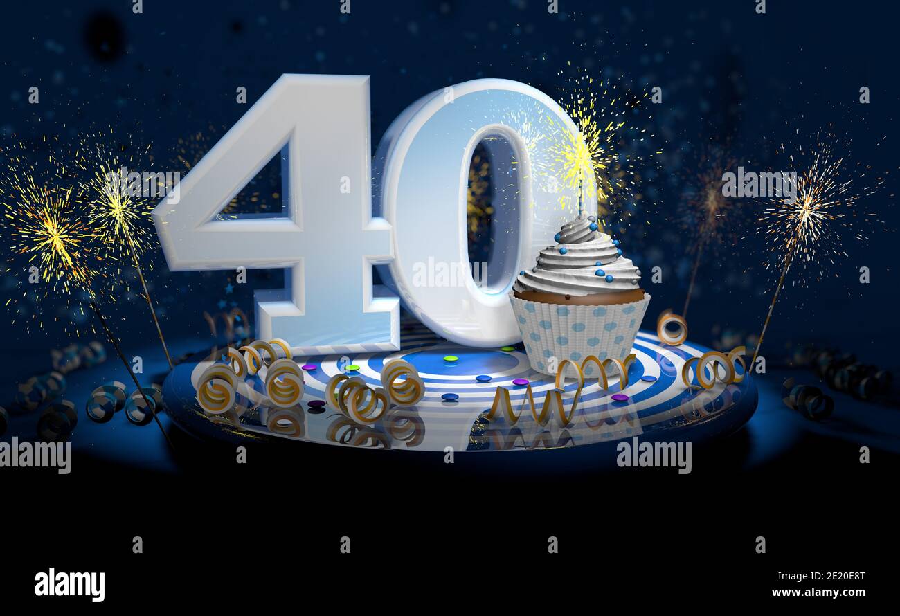 Cupcake con candela frizzante per 40 ° compleanno o anniversario con grande numero in bianco con le fiamme gialle sul tavolo blu con sfondo scuro pieno Foto Stock