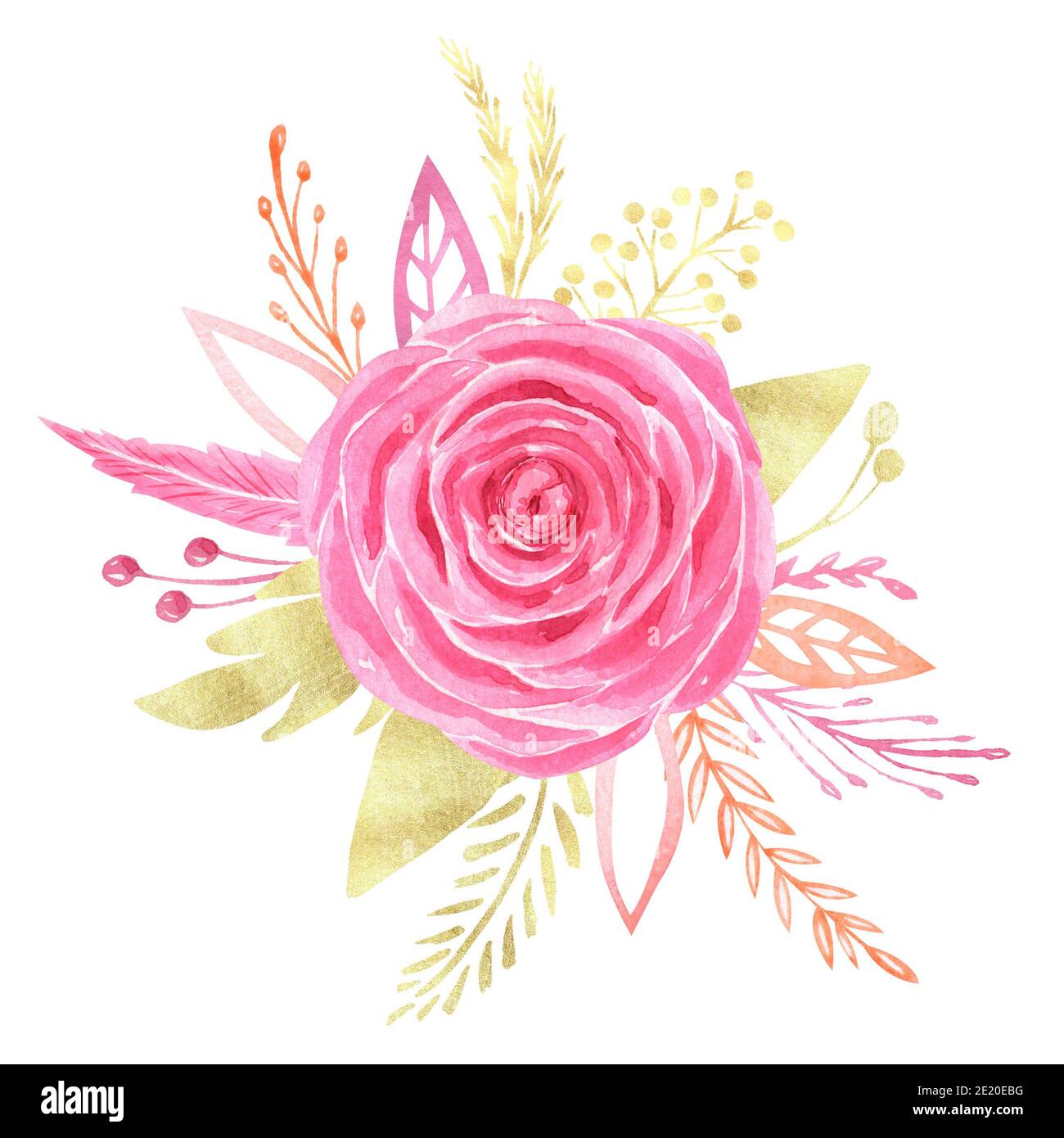 Acquerello arrangiamento floreale clipart. Bouquet di nozze di rose rosse dipinte a mano. San Valentino fiore amore composizione Foto Stock