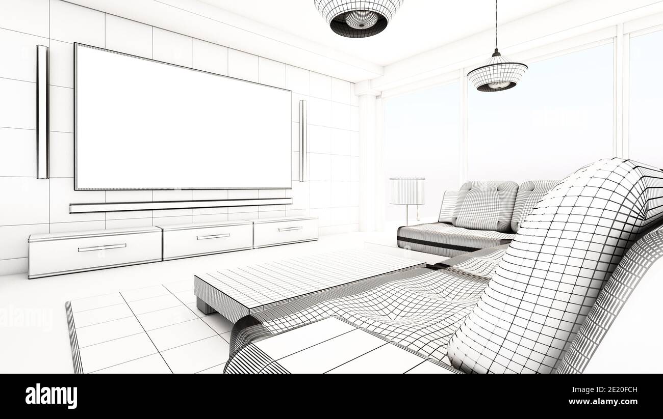 Rendering a reticolo moderno del soggiorno. Illustrazione 3D. Foto Stock