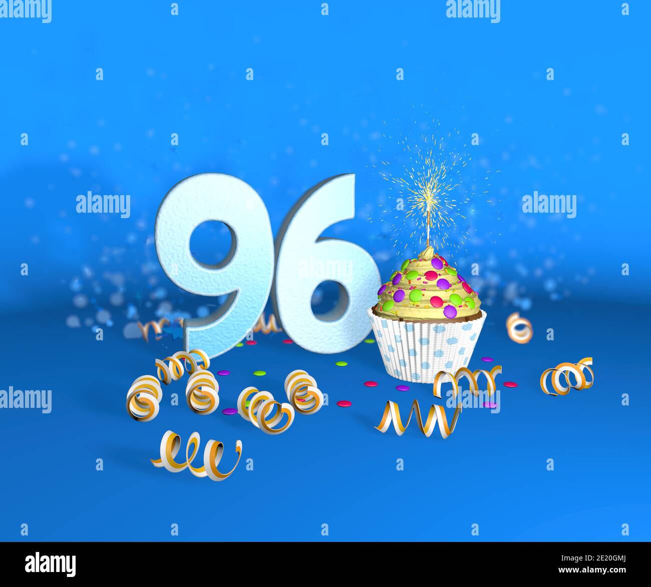 Cupcake con candela frizzante per compleanno o anniversario 96 con il grande numero in bianco con le fiamme gialle su sfondo blu. illustrazione 3d Foto Stock