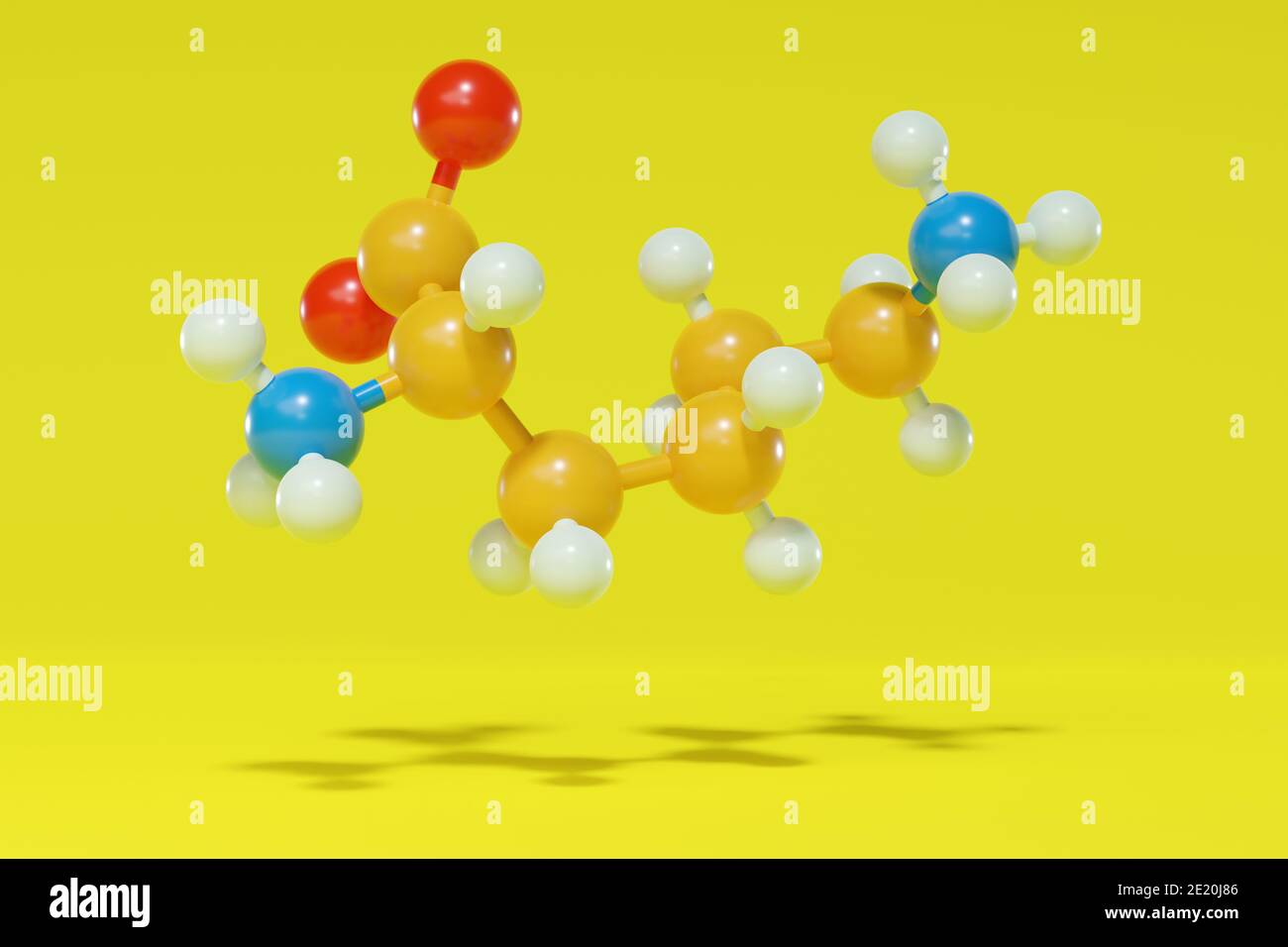 Molecola aminoacidica di lisina (l-lisina, Lys, K). Rendering 3D. Modello molecolare a sfera e a bastone con atomi indicati come sfere codificate per colore: Idrogeno (bianco), Foto Stock