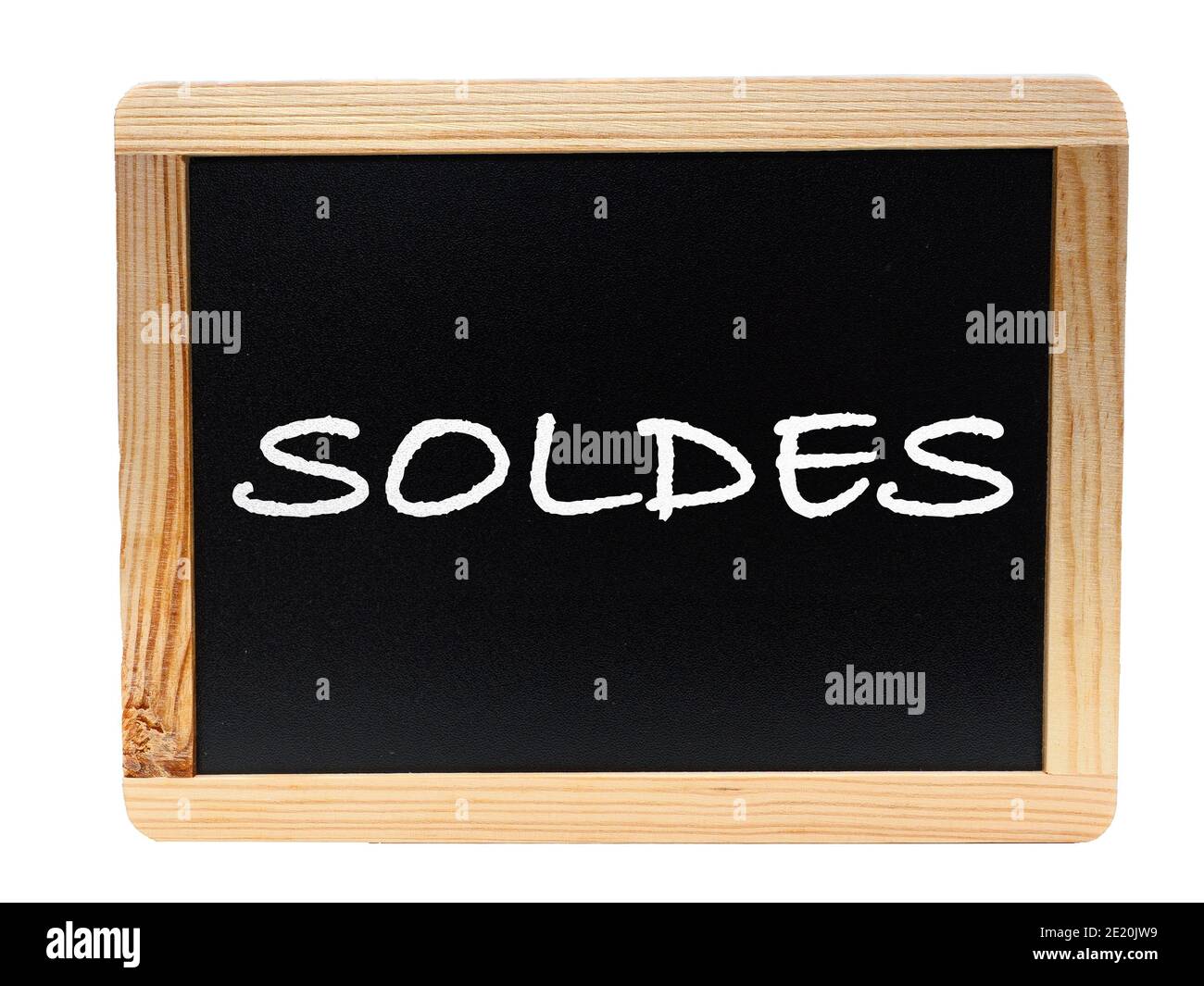 UN MESSAGGIO SOLDES SU UN BLCKBOARD Foto Stock