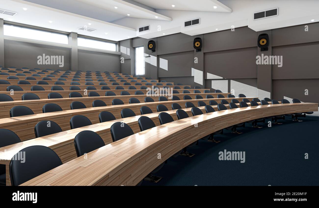 Un interno di un auditorium vuoto con file di scrivanie e sedie di legno curvate illuminate dalla luce del sole del mattino - rendering 3D Foto Stock