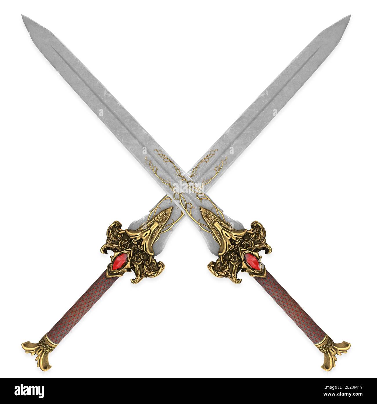 spada d'oro fantasy con lama lunga su sfondo bianco isolato. illustrazione 3d Foto Stock