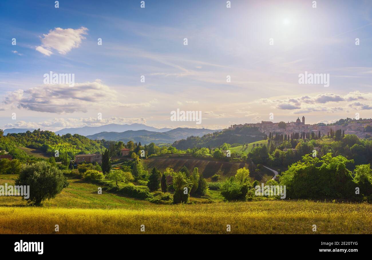 Skyline della città di Urbino e paesaggio rurale. Sito patrimonio dell'umanità dell'UNESCO. Regione Marche, Italia, Europa. Foto Stock