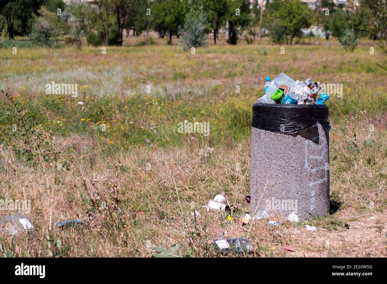 KRYVYI RIH, UCRAINA - AGOSTO, 2020. Bottiglie e sacchetti di carta e plastica in bidone per rifiuti sovraccaricato su un'erba nel parco cittadino Foto Stock