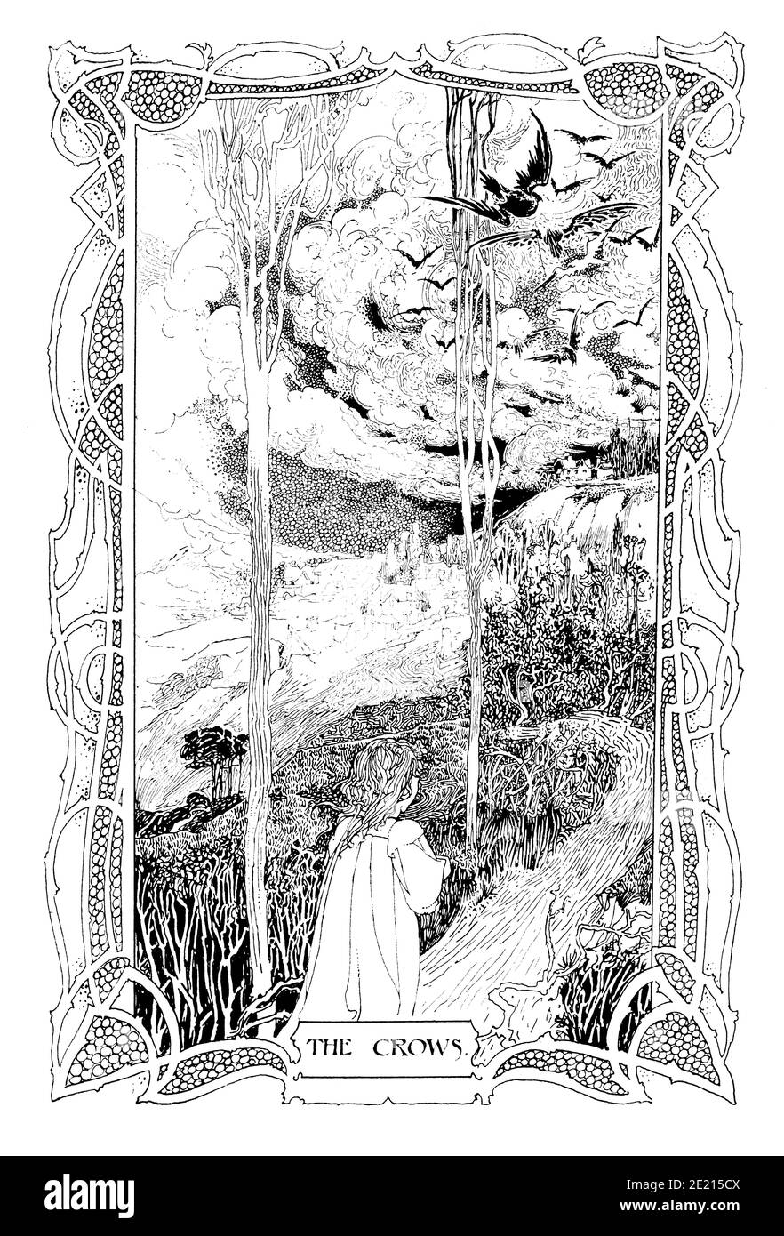 The Crows, illustrazione di Charles Robinson per il libro Child’s World, dal 1897 The Studio An Illustrated Magazine of fine and Applied Art Foto Stock