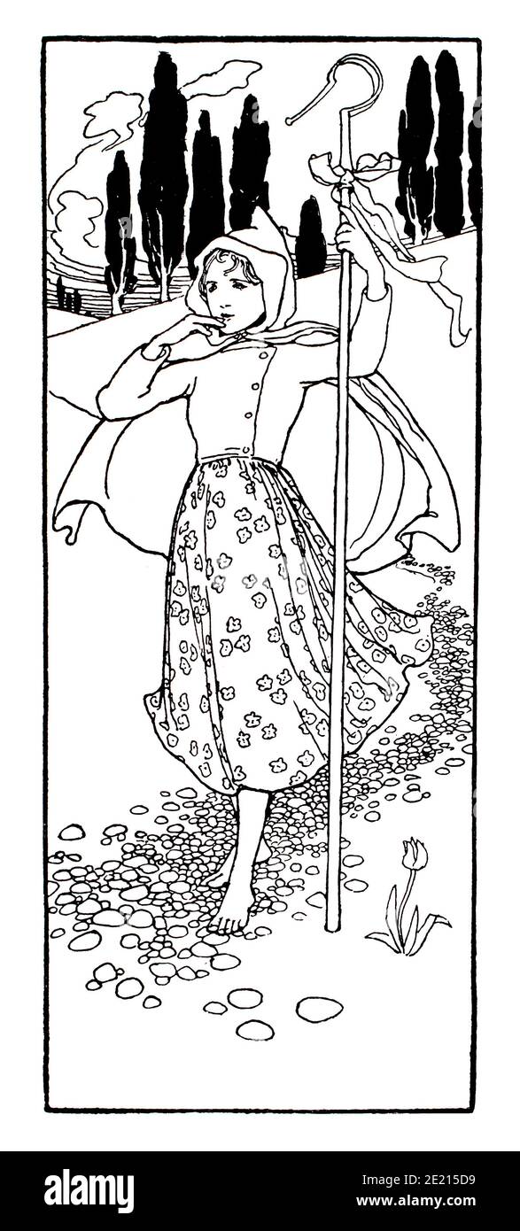 Pastore a piedi nudi in campagna, illustrazione del libro da per dire al re il cielo è caduta (Blackie & Son), dall'artista Alice B Woodward, dal 189 Foto Stock
