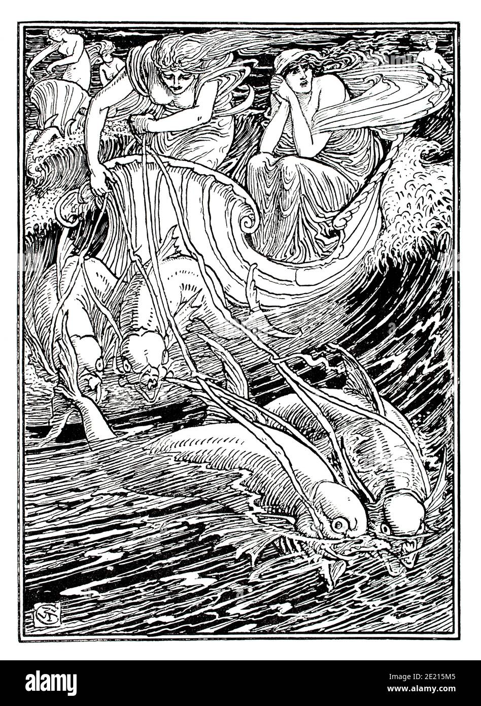 Illustrazione di Spencer's Feyrie Queen, shell boat trainato da pesce, disegno di linea di Walter Crane dal 1897 The Studio An Illustrated Magazine of Fi Foto Stock