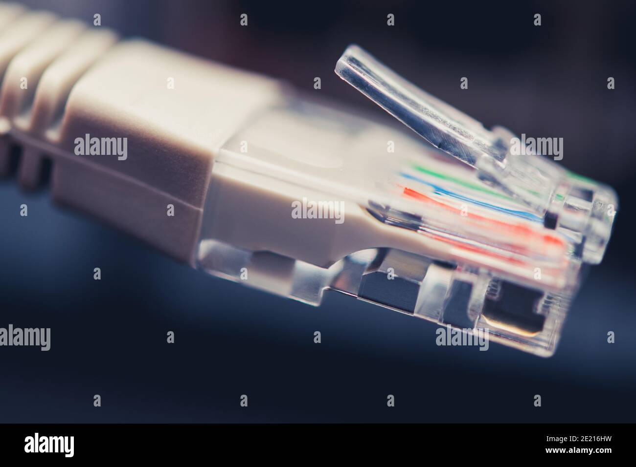 Tema di rete. Primo piano del cavo Ethernet RJ45. Connessione di dispositivi alla rete Internet. Foto Stock