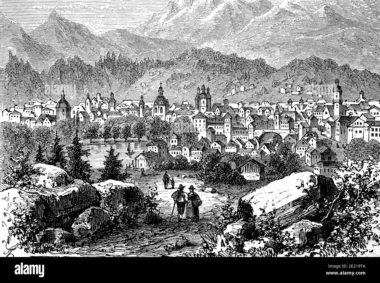 Innsbruck in Austria in 1870 / Innsbruck in Österreich im Jahre 1870, Historisch, storico, digitale riproduzione migliorata di un originale del 19 ° secolo / digitale Reproduktion einer Originalvollage aus dem 19. Jahrhundert, Foto Stock